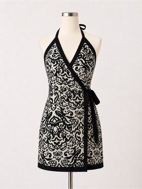French Connection Linen Blend Wrap Halter Mini Dress Black Tan Damask XXS 2 NEW